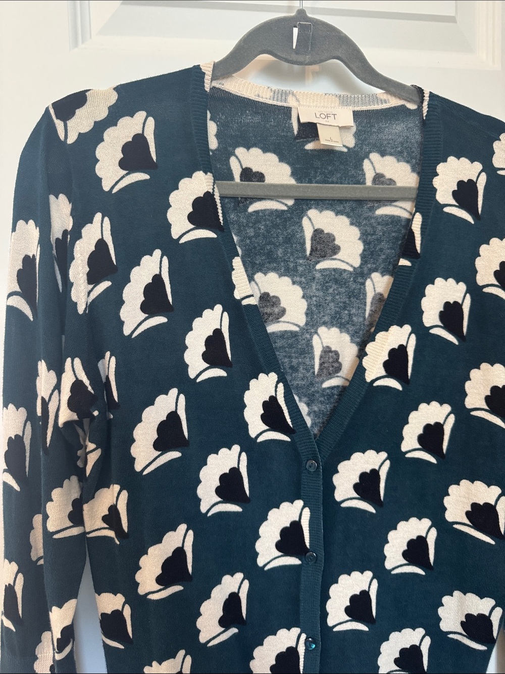 LOFT Teal Floral-Print Button Cardigan - Picture 4 of 8